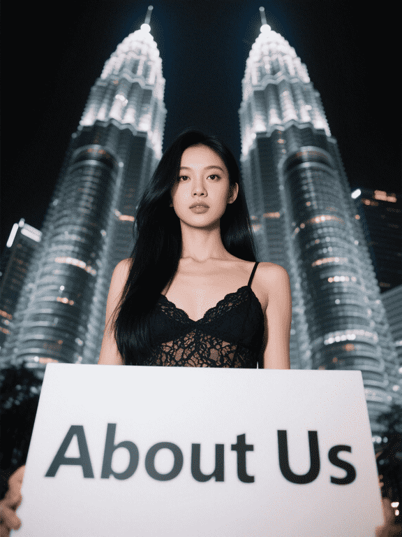 Woman holding "About Us" sign in front of Kuala Lumpur Petronas Towers.
