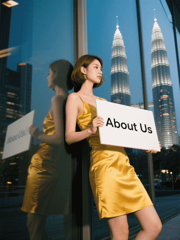 Woman in yellow dress holding "About Us" sign in front of Kuala Lumpur skyline.