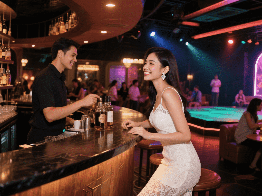 Woman in white dress at a bar, talking to a bartender.