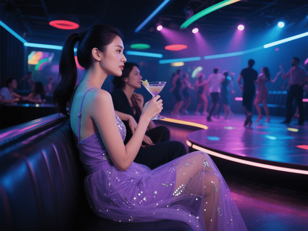 Woman in purple dress at a nightclub