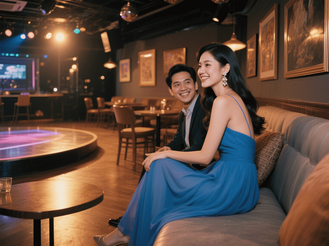 Couple enjoying a night out at a stylish bar.
