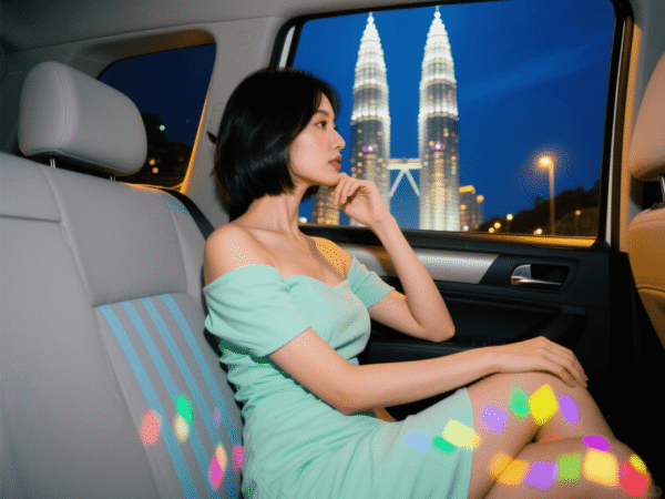Young woman in mint dress sits in car, gazing at Kuala Lumpur skyline at night.