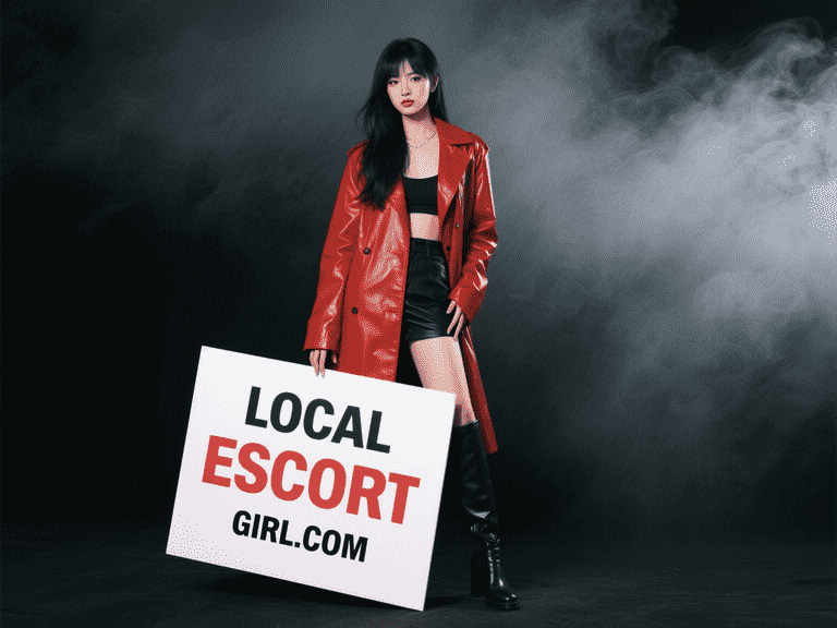 Woman in red coat holding sign: "Local Escort Girl.com