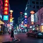 Woman in black dress walks past a Rolls Royce in a vibrant Singapore street at night.