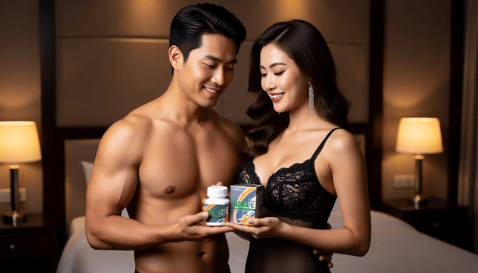 Attractive couple holding male enhancement supplements. Bedroom setting.