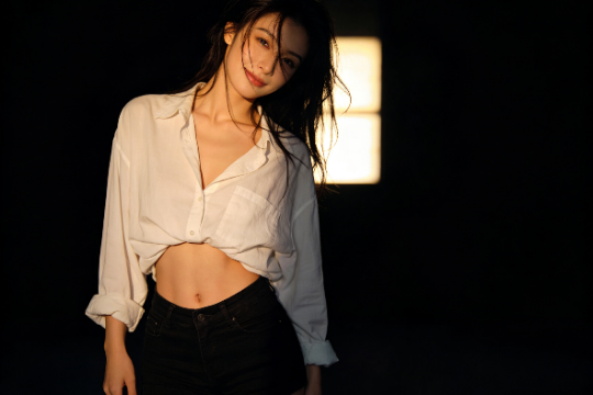 Attractive woman in unbuttoned shirt and shorts. Skinny figure.