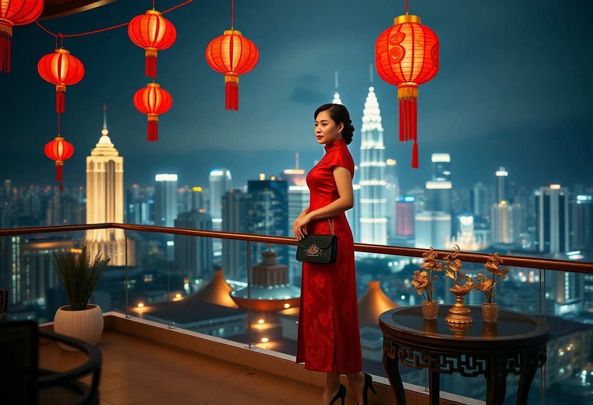 Woman in red dress with Kuala Lumpur skyline and lanterns