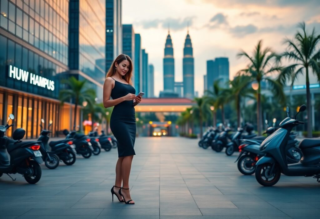 Woman in black dress uses phone with Kuala Lumpur skyline, Petronas Towers, and scooters in background. HUW HAMPUS on building.