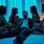 Man in suit surrounded by women in lingerie on a bed
