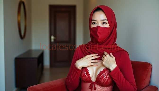 Woman wearing a red hijab and mask, seated in a red chair