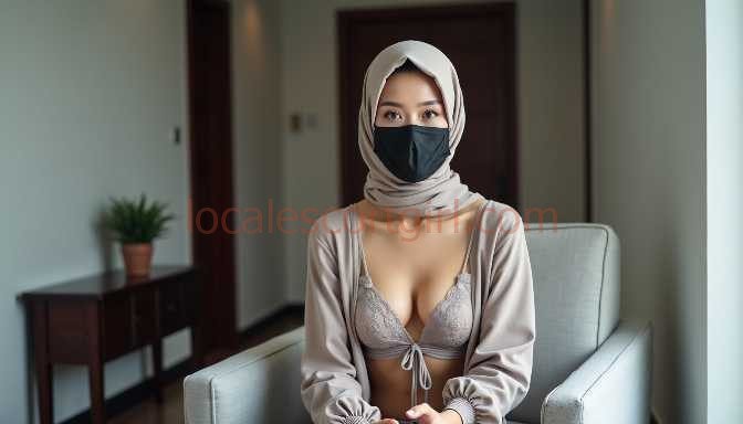 Woman in hijab and mask, wearing a beige bralette and cardigan, seated indoors.